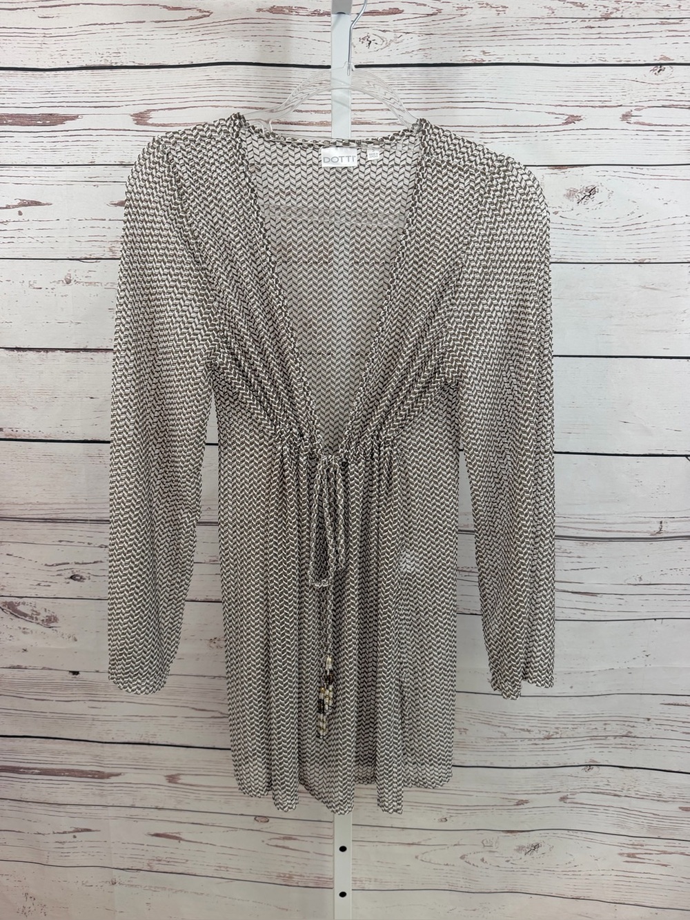 Dotti Beige Taupe Chevron Long Sleeve Drawstring Knit Swimsuit Cover Size Small